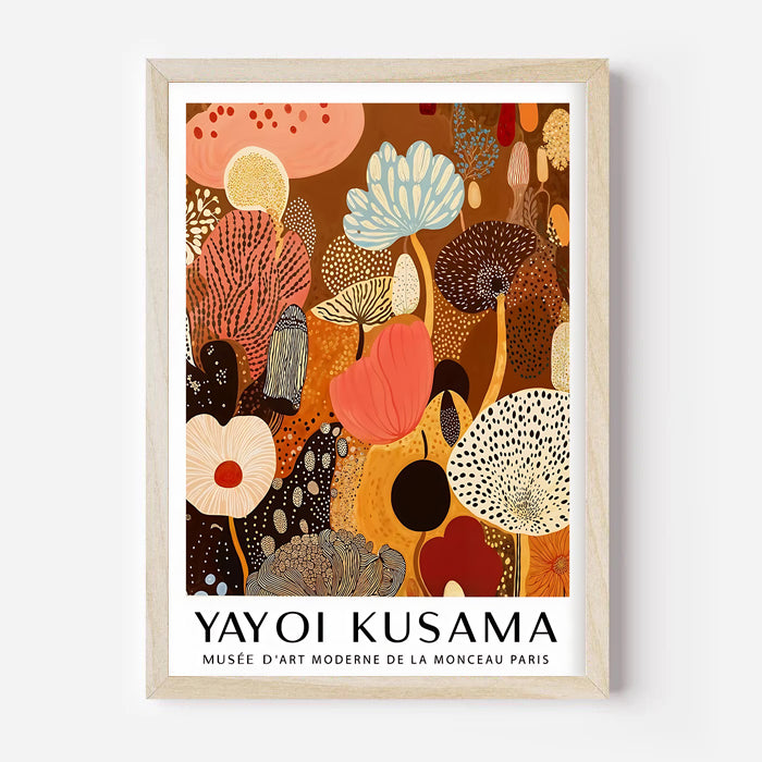 Framed Yayoi Kusama artwork with abstract floral design on a white background