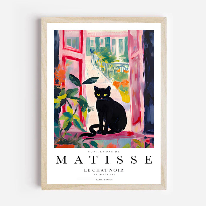 Colorful illustration print of black cat in interior scene