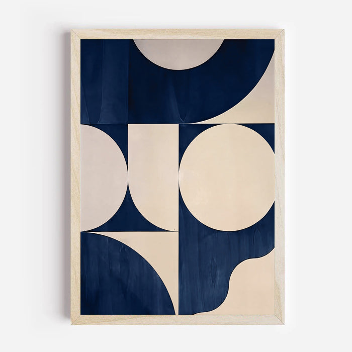 Framed abstract art print with geometric shapes in blue and beige on a white background
