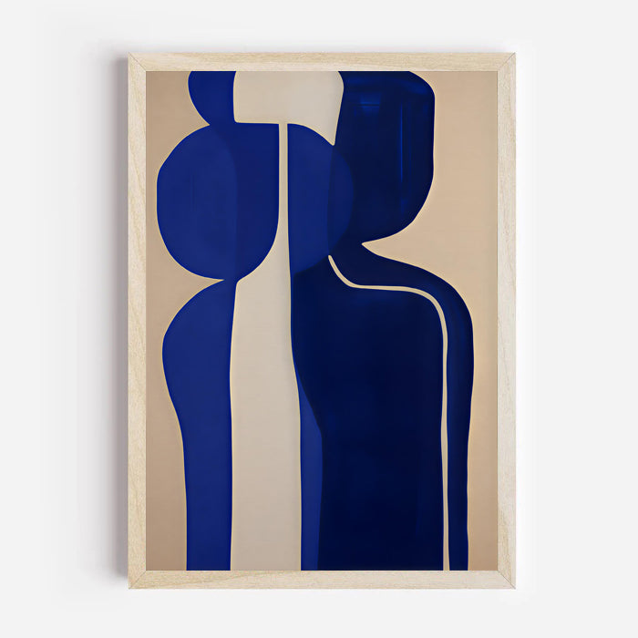 Abstract art piece with blue and beige shapes on a beige background