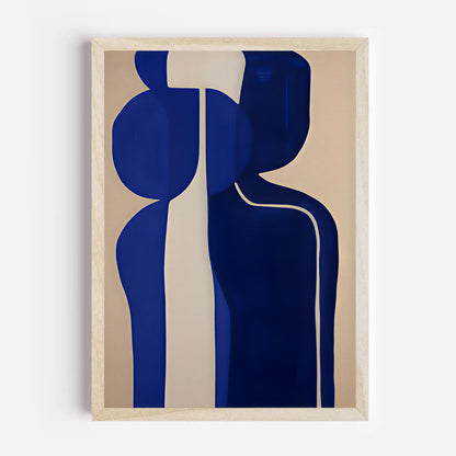 Abstract art piece with blue and beige shapes on a beige background