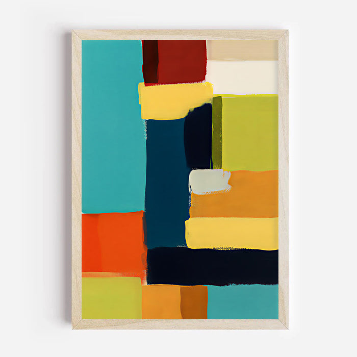 Abstract art print with colorful geometric shapes in a wooden frame on a light gray background