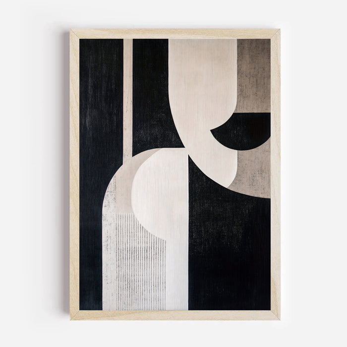 Abstract art print with geometric shapes in black, white, and beige on a light gray background.