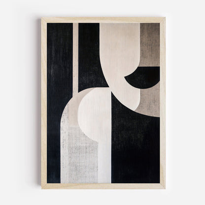 Abstract art print with geometric shapes in black, white, and beige on a light gray background.
