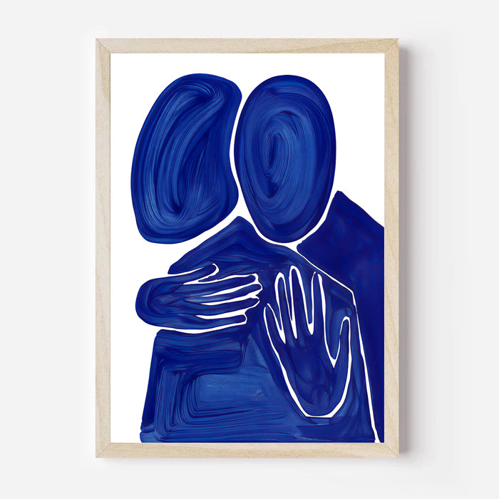 Framed abstract art print with blue and white design on a white background