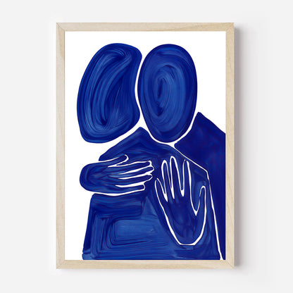 Framed abstract art print with blue and white design on a white background