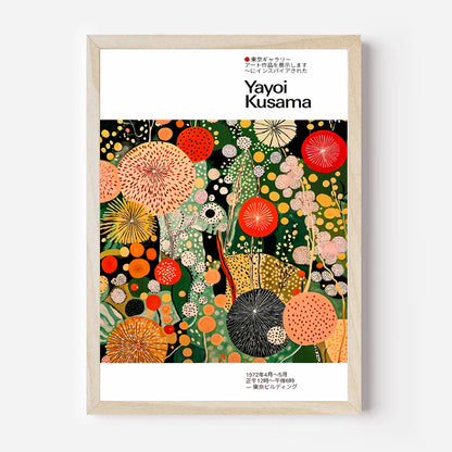 art poster inspired by Yayoi Kusama featuring colorful organic dot patterns in a light wood frame for modern wall décor