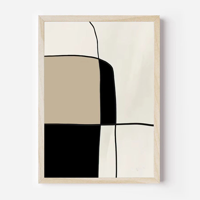 Framed abstract art with geometric shapes on a white background