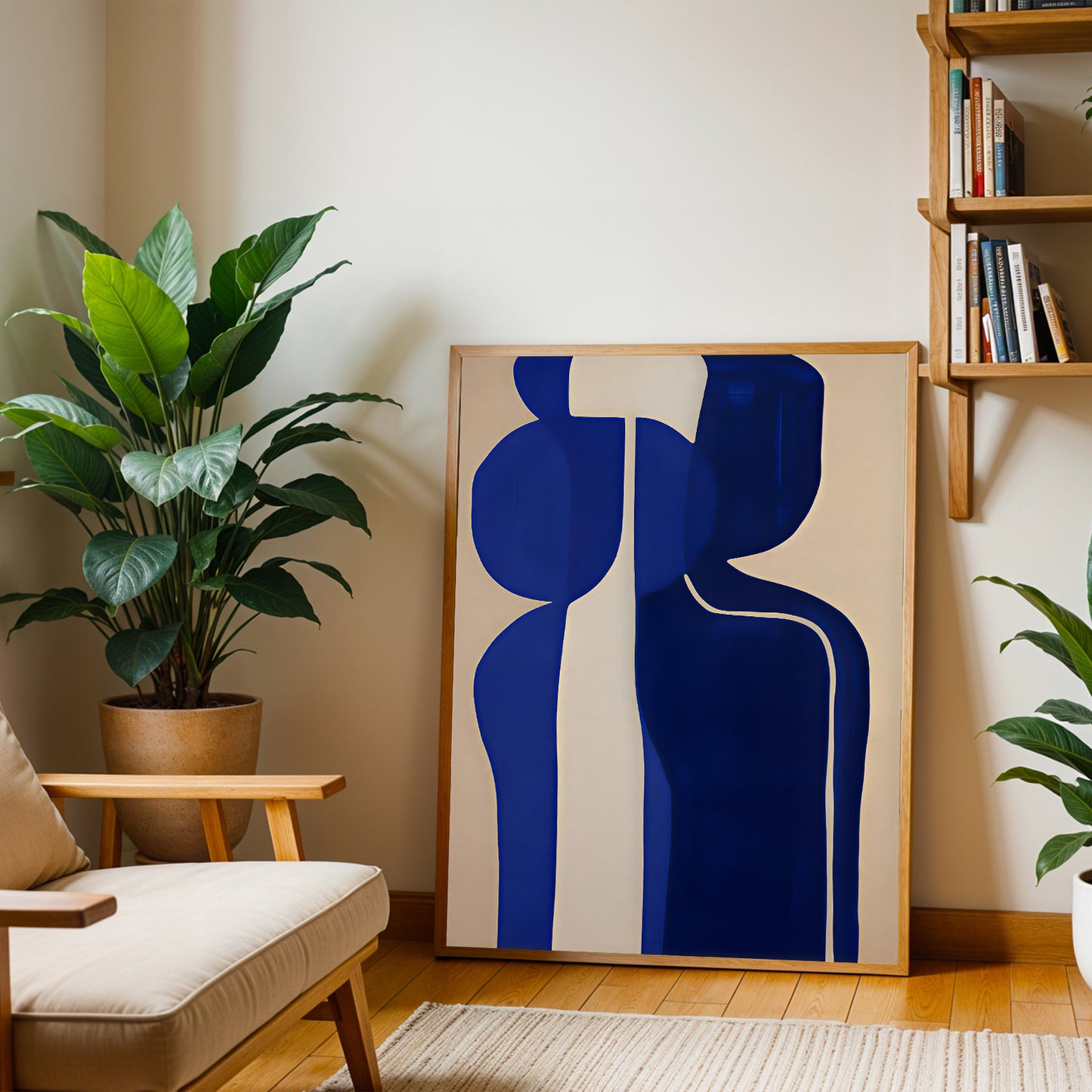 Modern interior with a blue abstract art piece on a beige wall, plants, and a bookshelf.