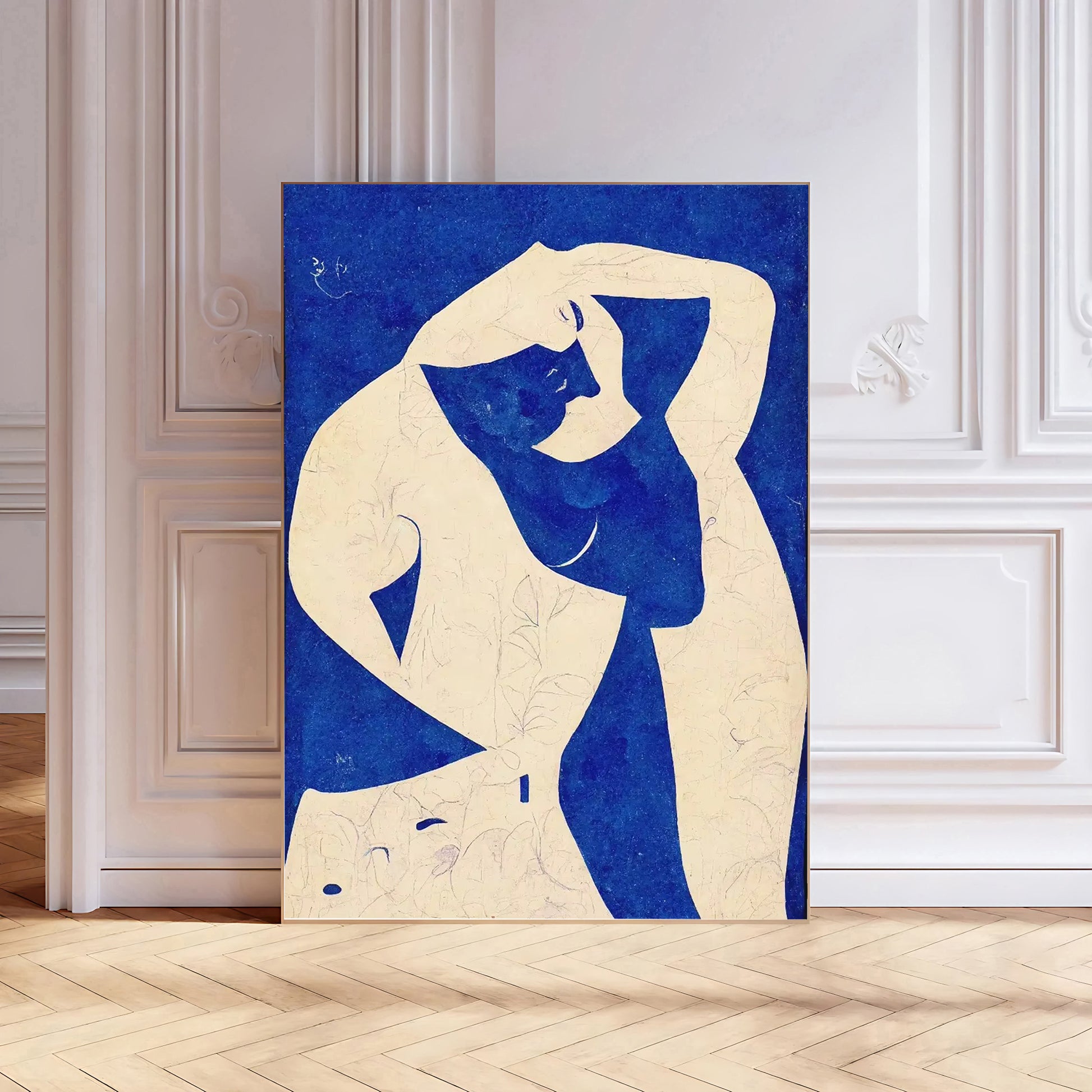 Abstract art piece with a blue and white figure on a blue background, displayed in a room with white walls and wooden floor.