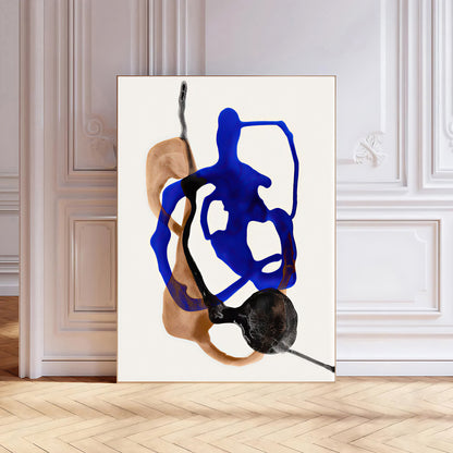 Abstract artwork with blue and brown shapes on a white background, displayed in a room with wooden flooring and white walls.