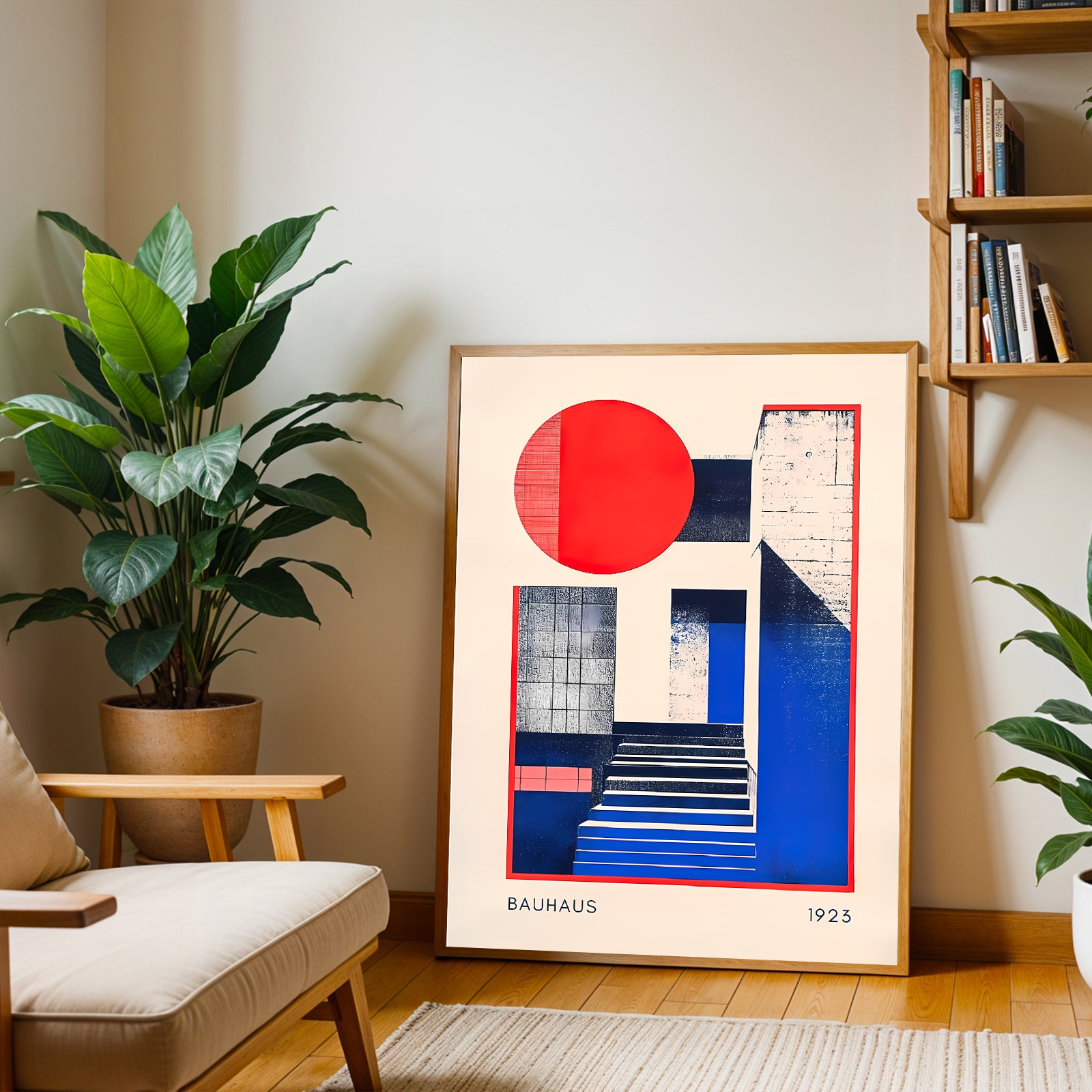 Framed Bauhaus art piece in a living room setting with plants and a bookshelf.
