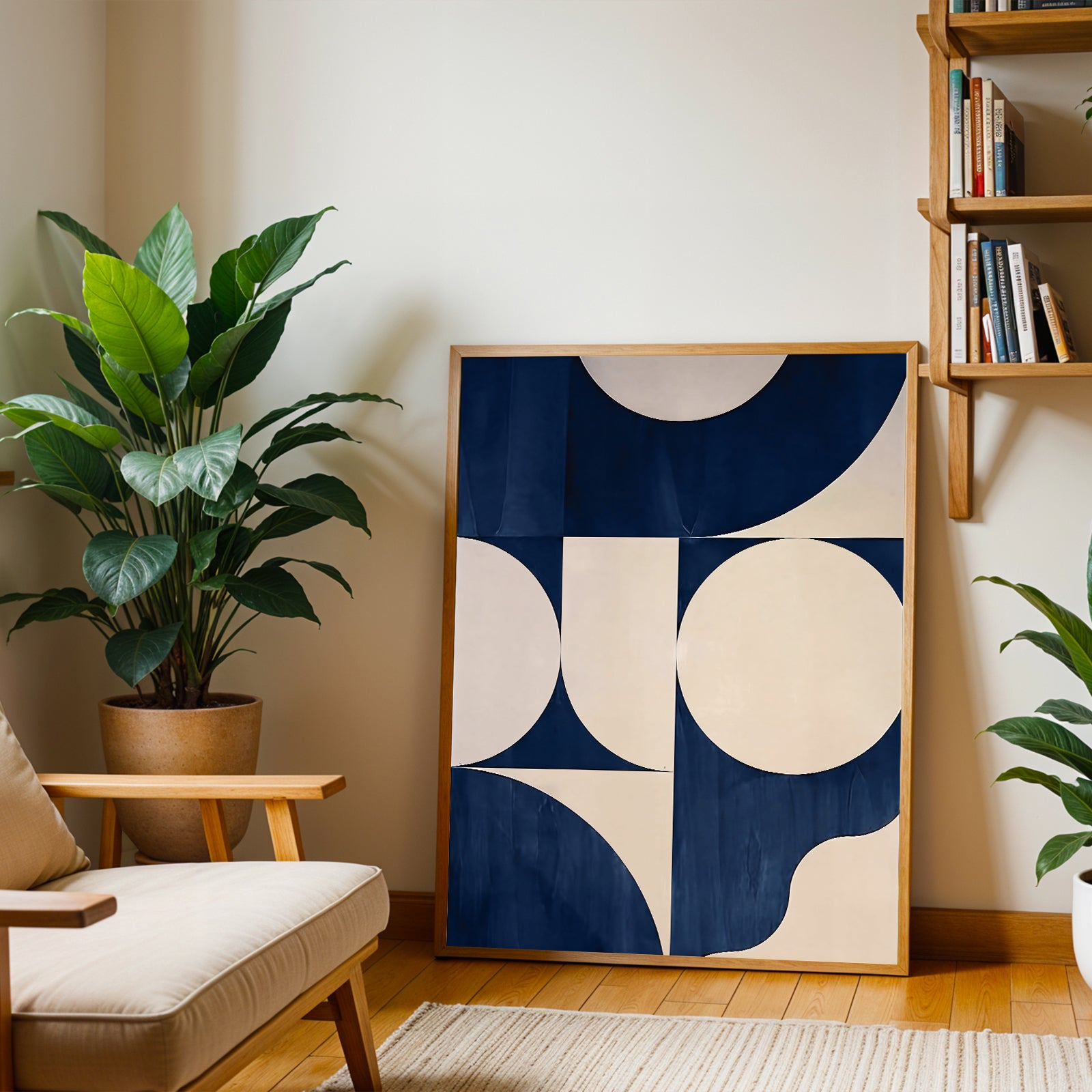 Modern living room with abstract art, plants, and a bookshelf.