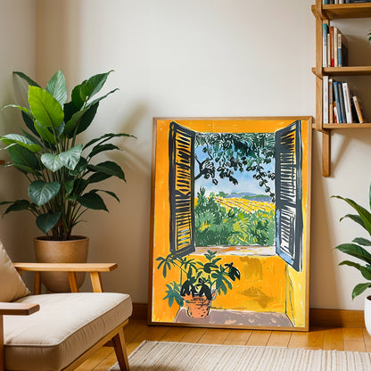 Vibrant Matisse window with plant and scenic view
