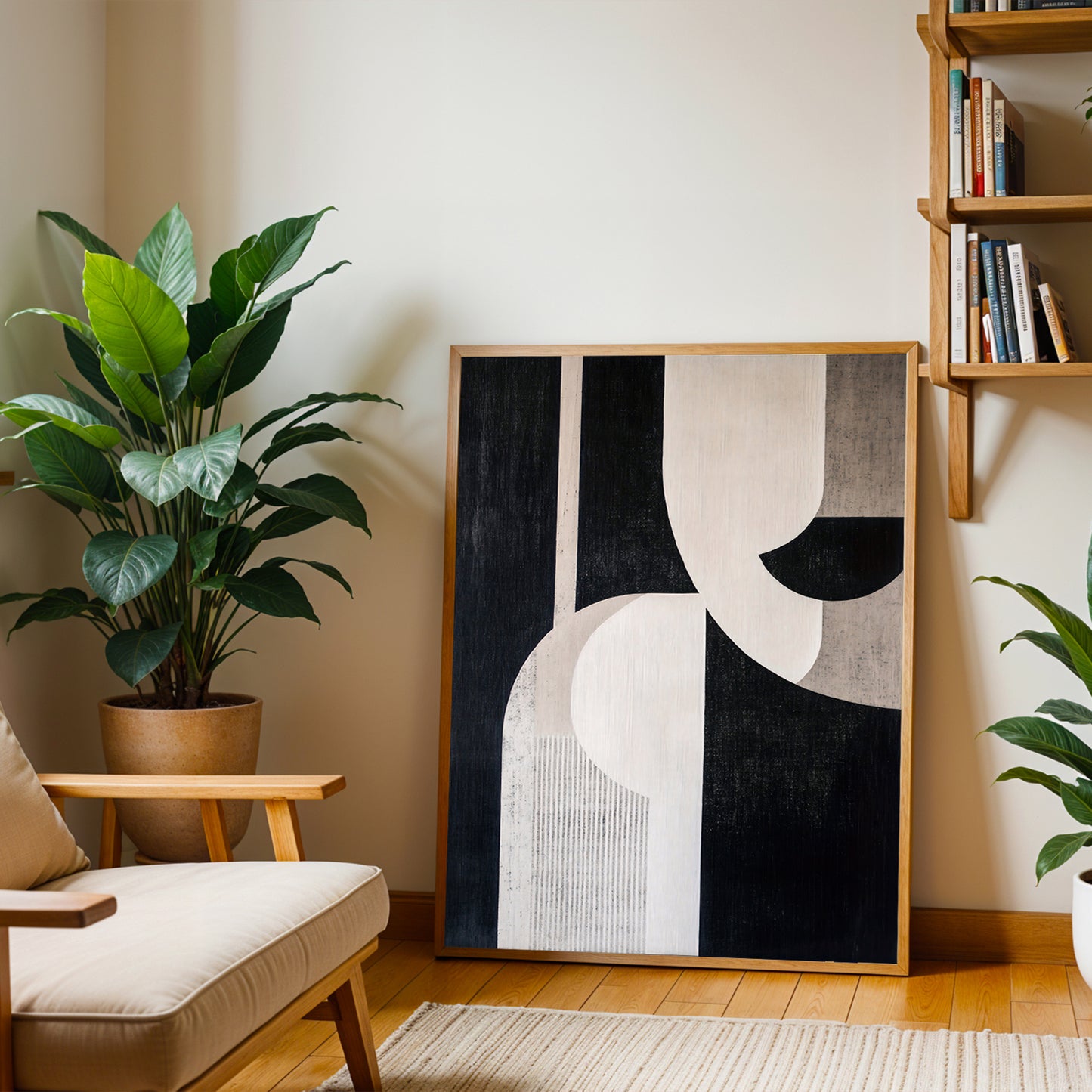 Modern living room with abstract art, plants, and a bookshelf.