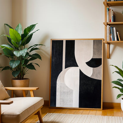 Modern living room with abstract art, plants, and a bookshelf.