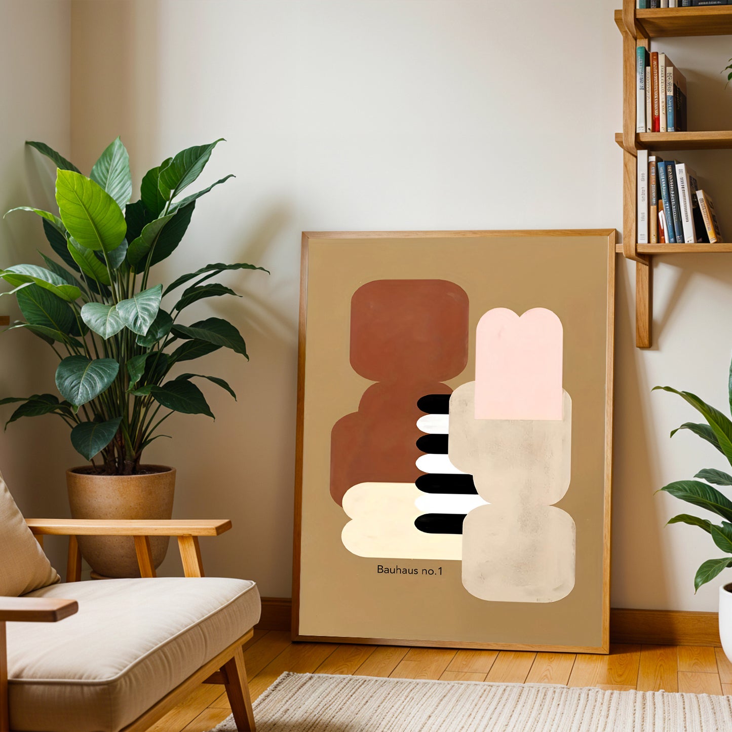 Abstract art piece on a wall in a living room with plants and a bookshelf.