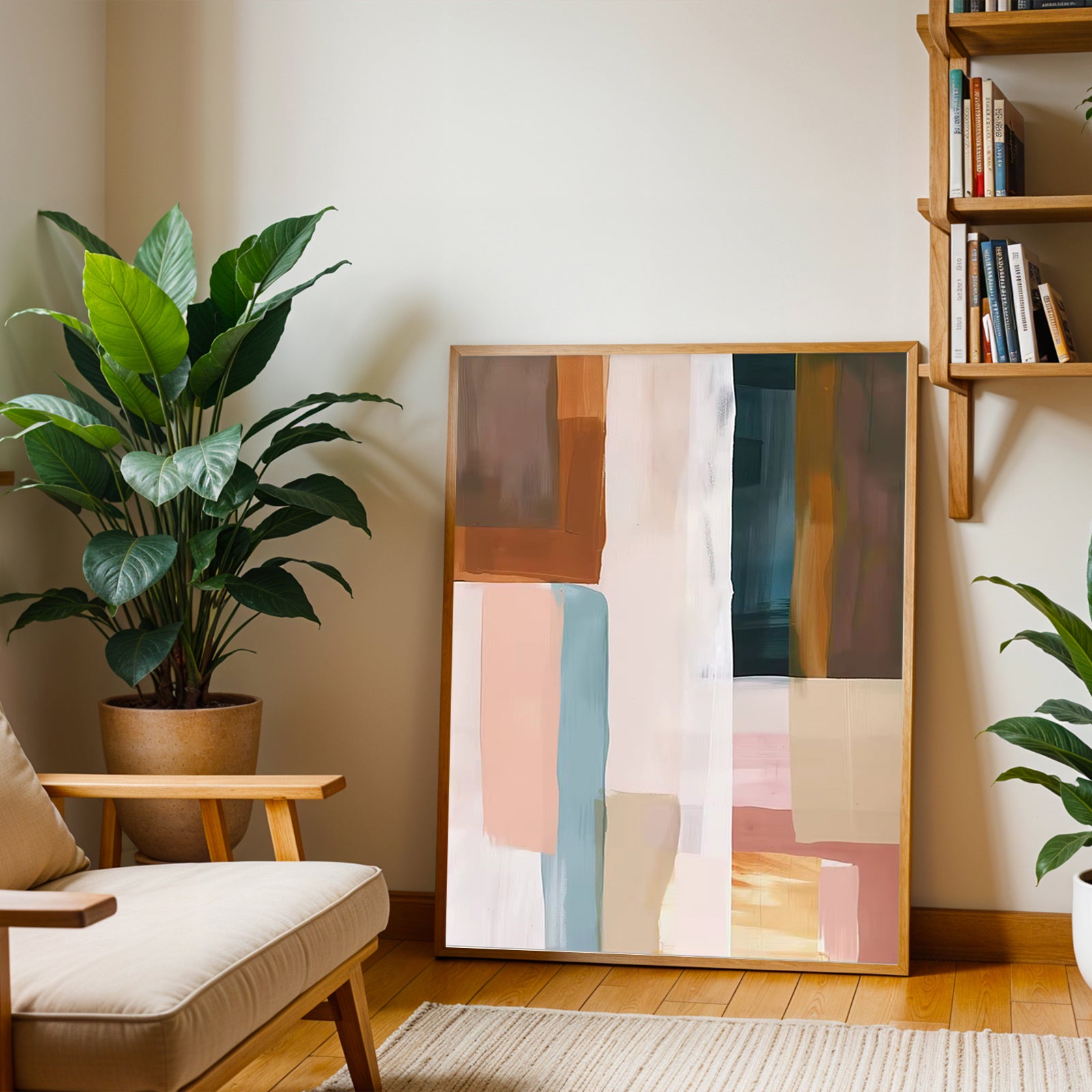 Modern living room with abstract art, plants, and a bookshelf.
