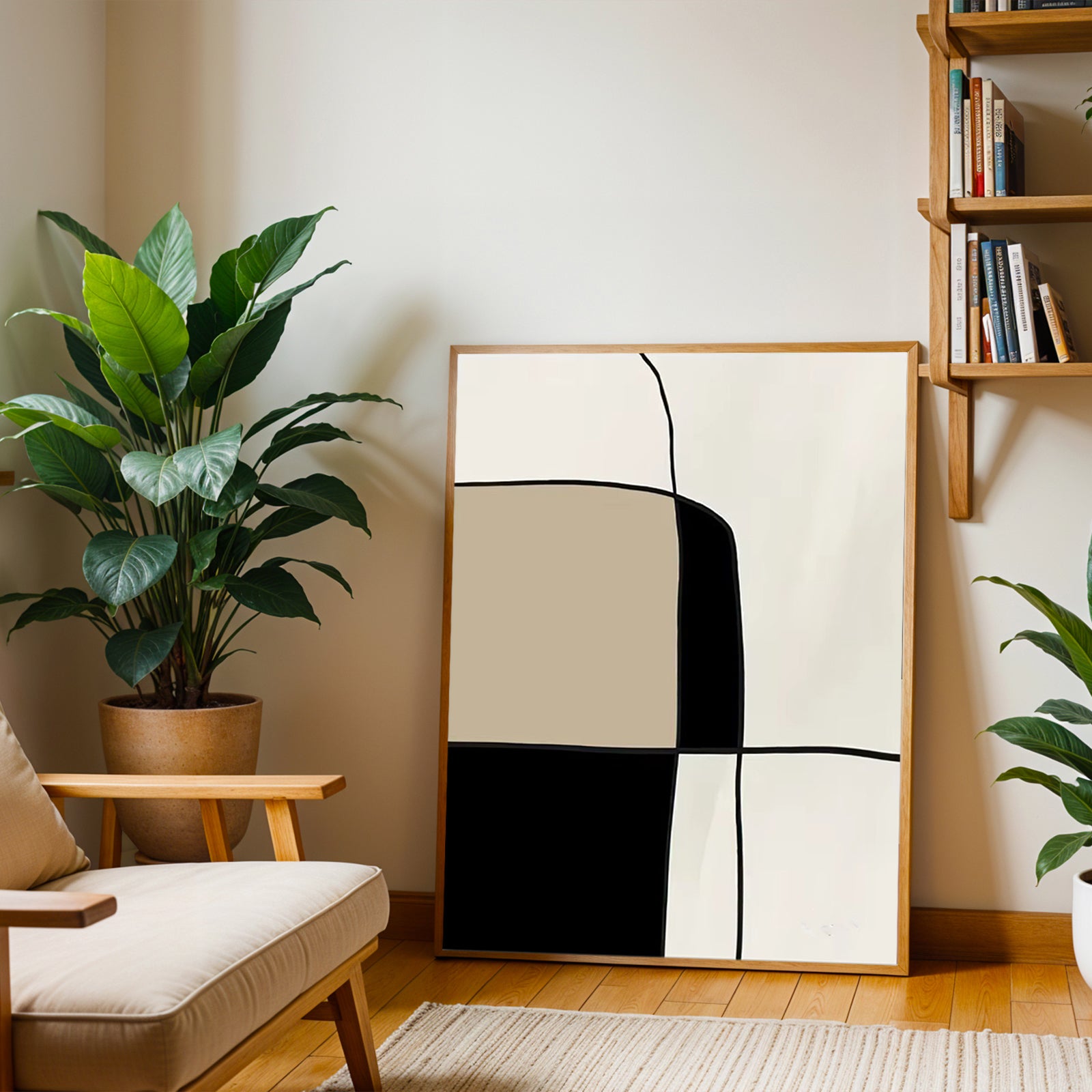 Modern living room with abstract art, plants, and a bookshelf.