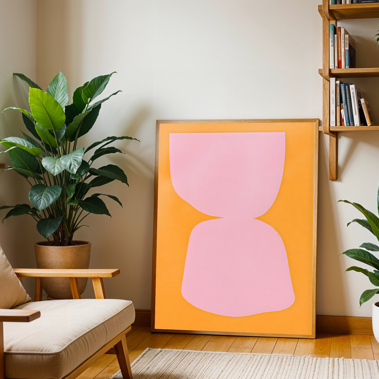 Living room with a pink abstract artwork on an orange background, a plant, and a bookshelf.