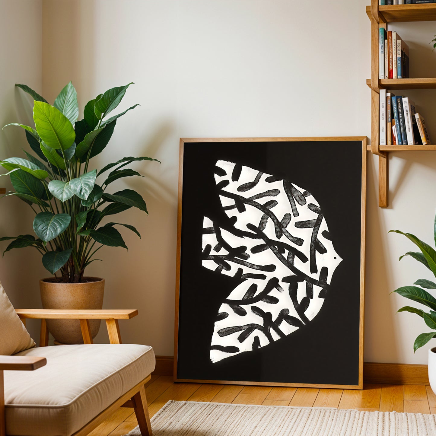 Framed abstract art piece on a wall in a living room with plants and a bookshelf.