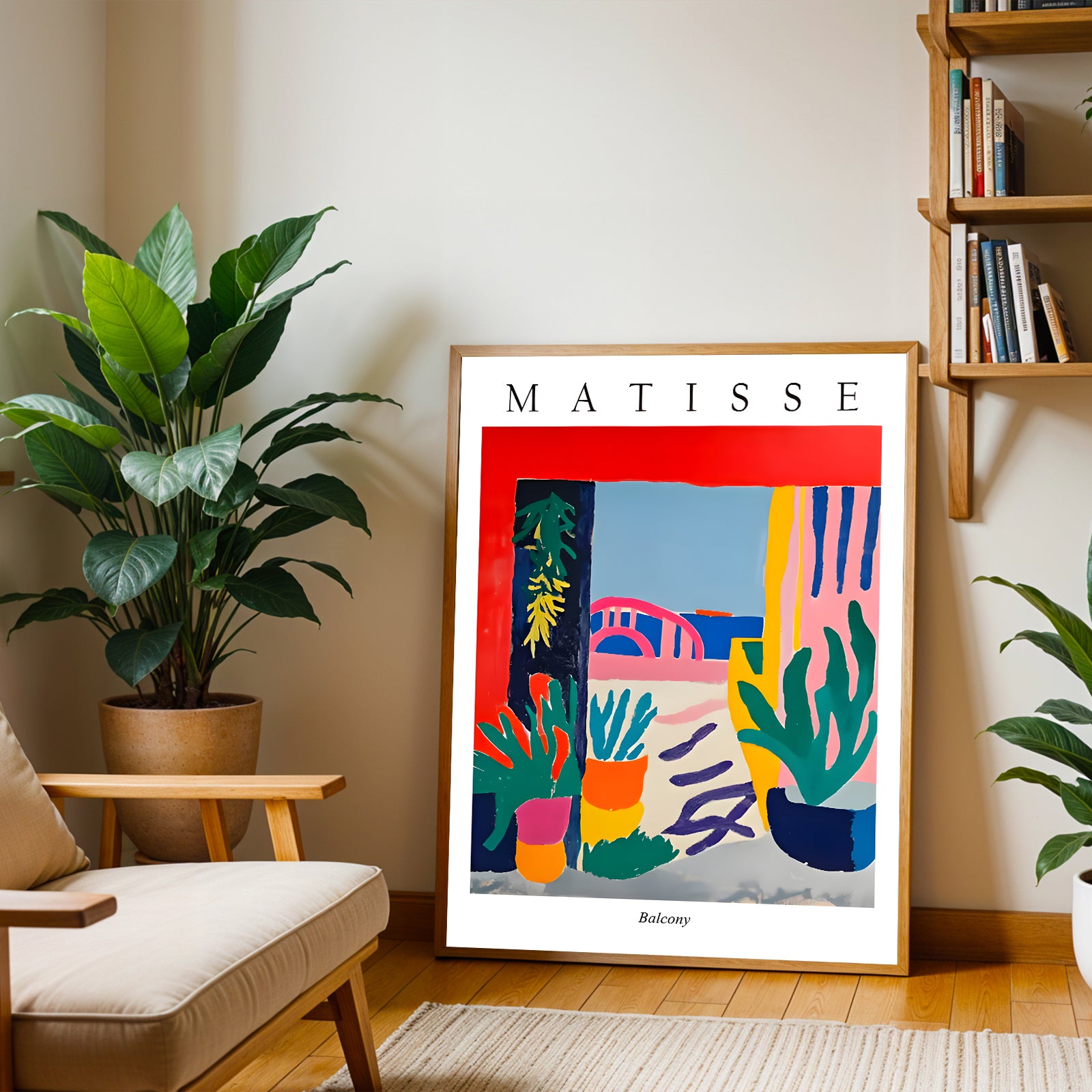 Framed Matisse artwork in a living room setting with plants and a bookshelf.