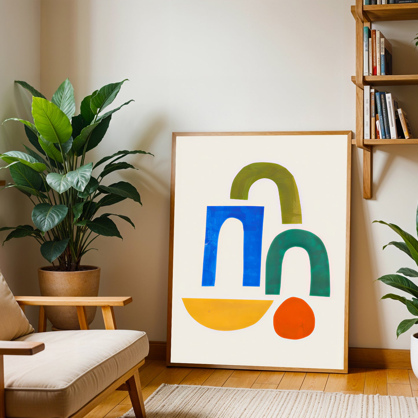 Colorful abstract art print in a wooden frame on a wall with a plant and bookshelf in the background.
