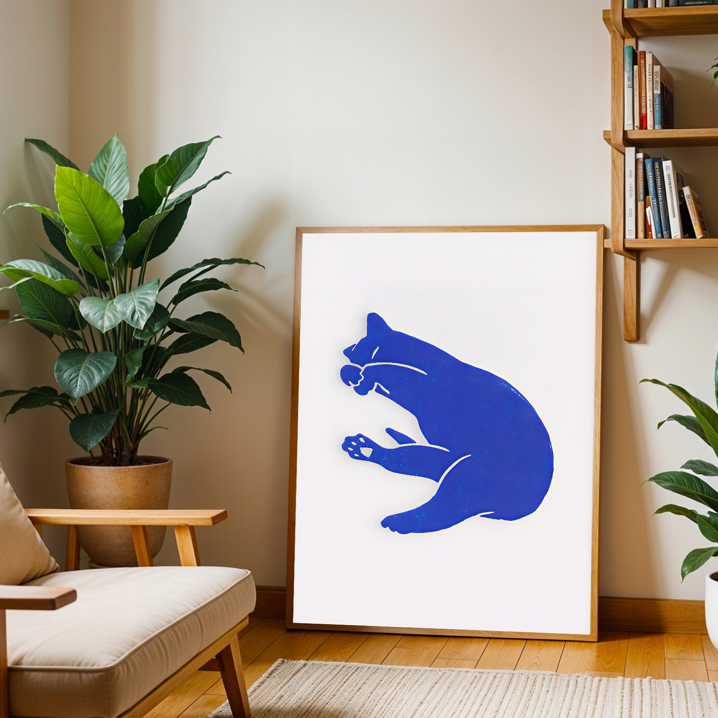 Minimalist pet art wall decor with bold blue cat silhouette