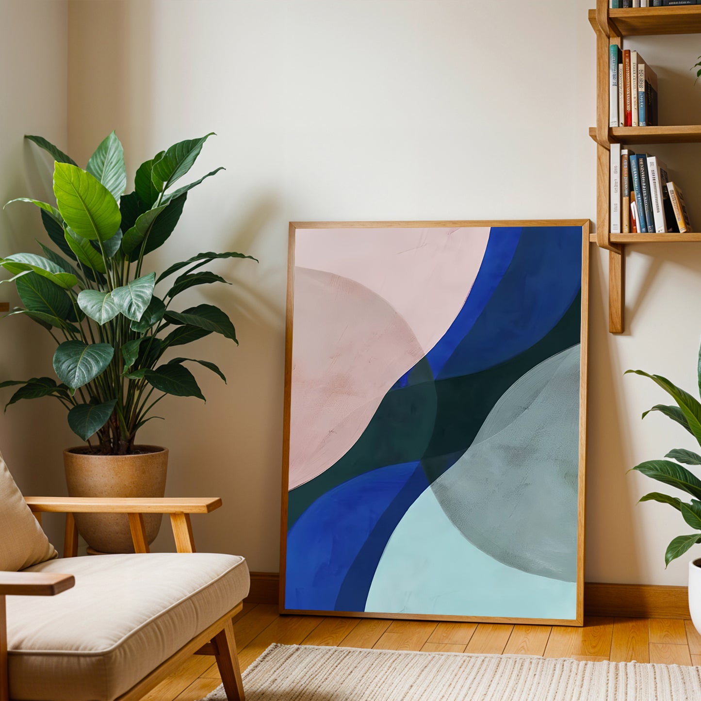 Abstract painting on a wall in a living room with plants and a bookshelf.