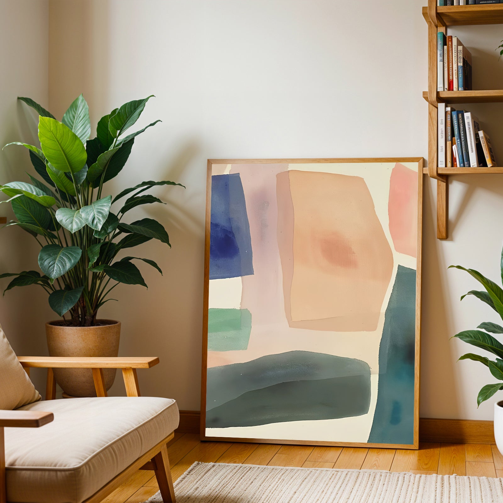 Abstract art piece in a living room with plants and a bookshelf.