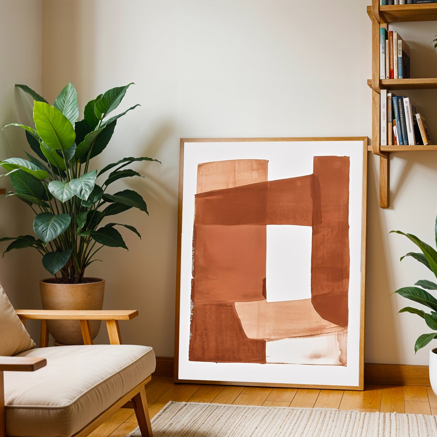 Living room with abstract art, plants, and a bookshelf.