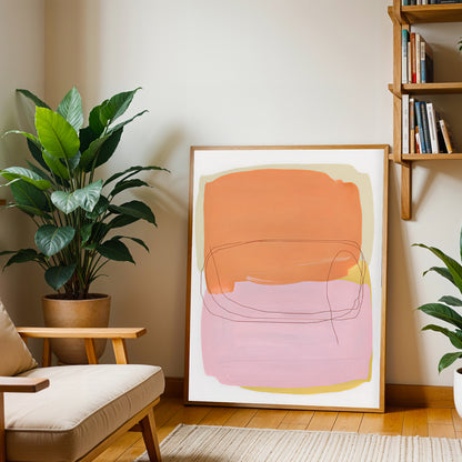 Living room with abstract art, plants, and a bookshelf.