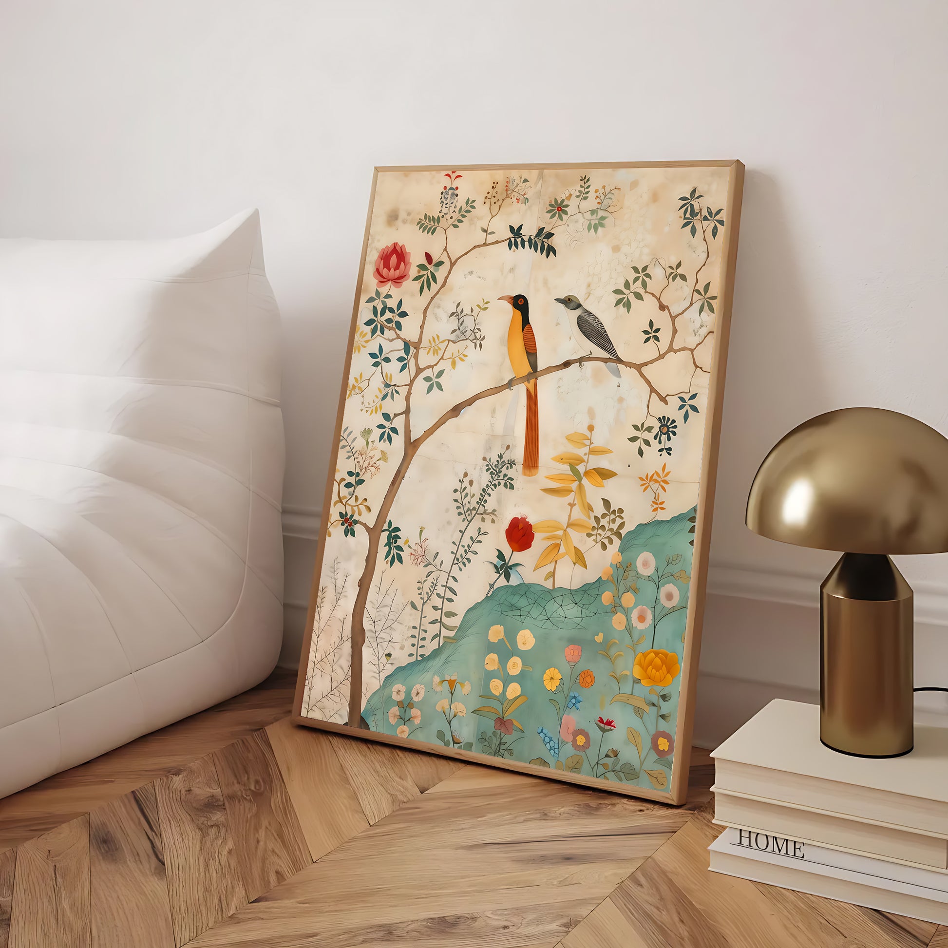 Decorative painting of birds and flowers on a wooden floor with a lamp and books in the background.