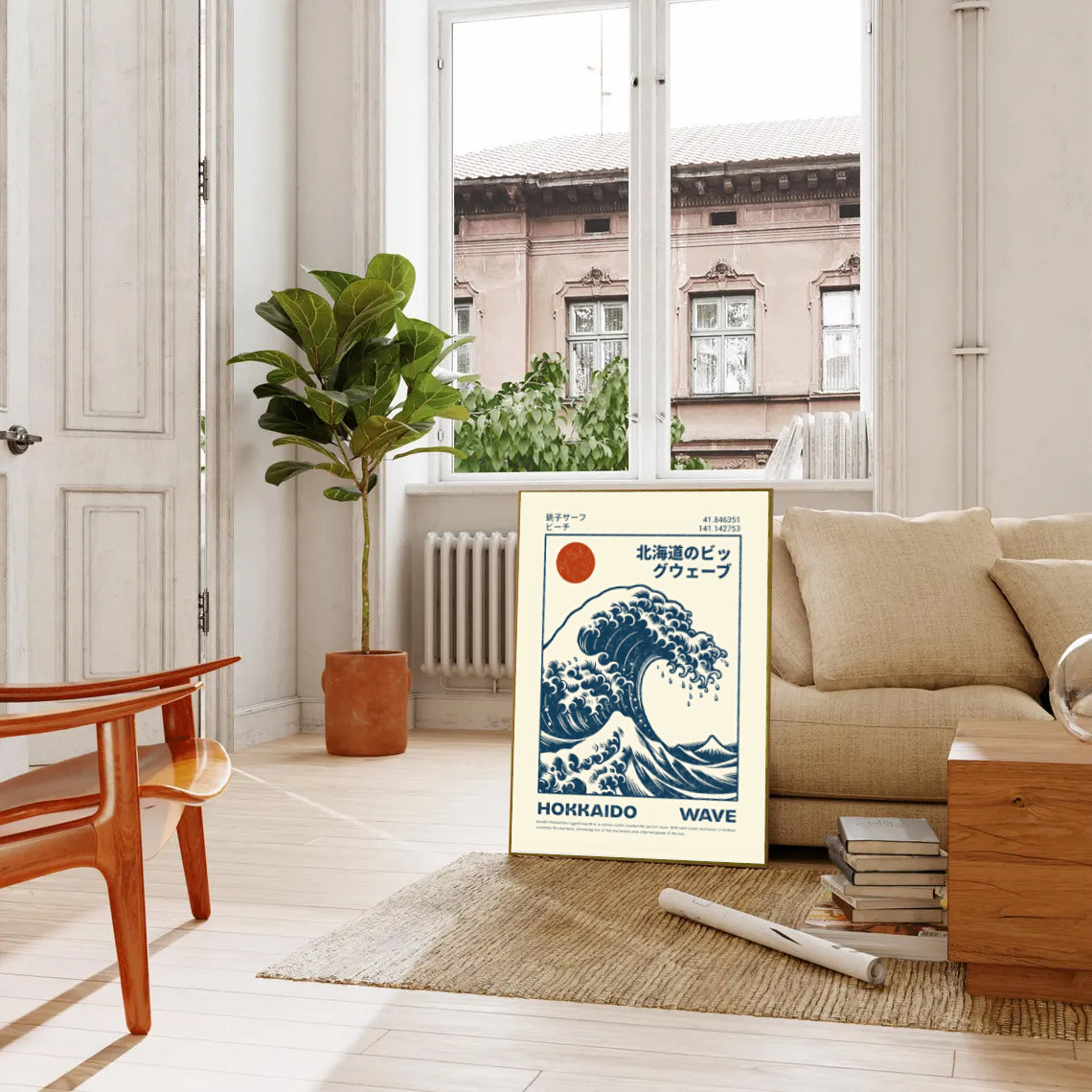 Living room with a 'Honkaido Wave' poster print on the wall, plant, and furniture.