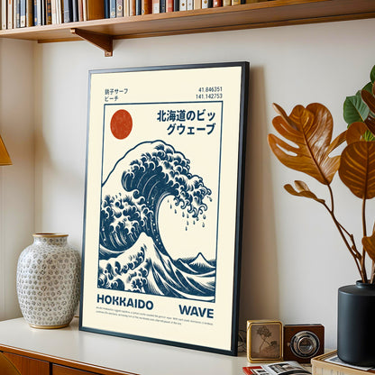 Framed artwork of a 
Hokusai Wave Poster Print with text on a shelf with decorative items.