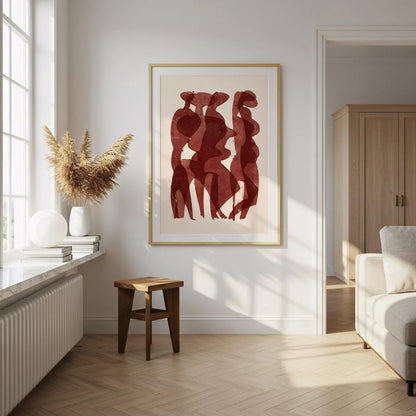 Living room with abstract red art on the wall, wooden stool, and white sofa.