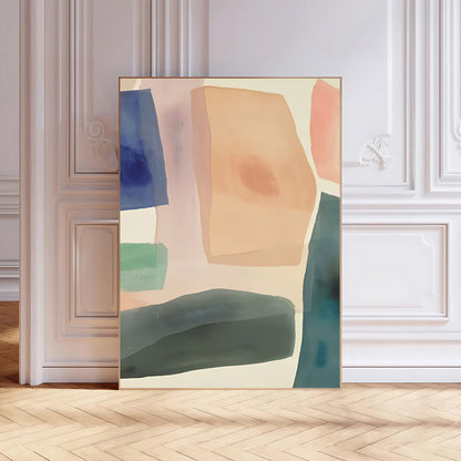 Abstract art print on a wall in a room with wooden flooring