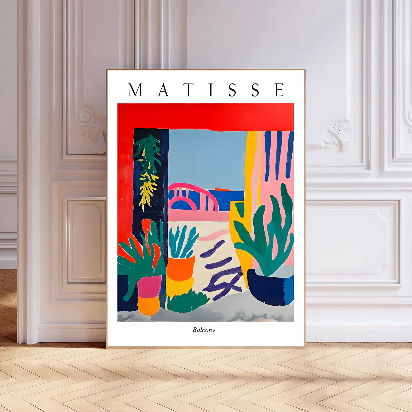 Framed Matisse artwork on a wall with decorative molding.