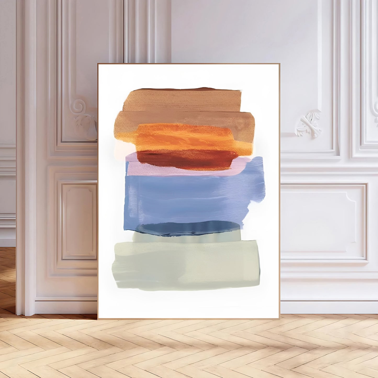 Abstract art print with colorful brush strokes on a white wall.