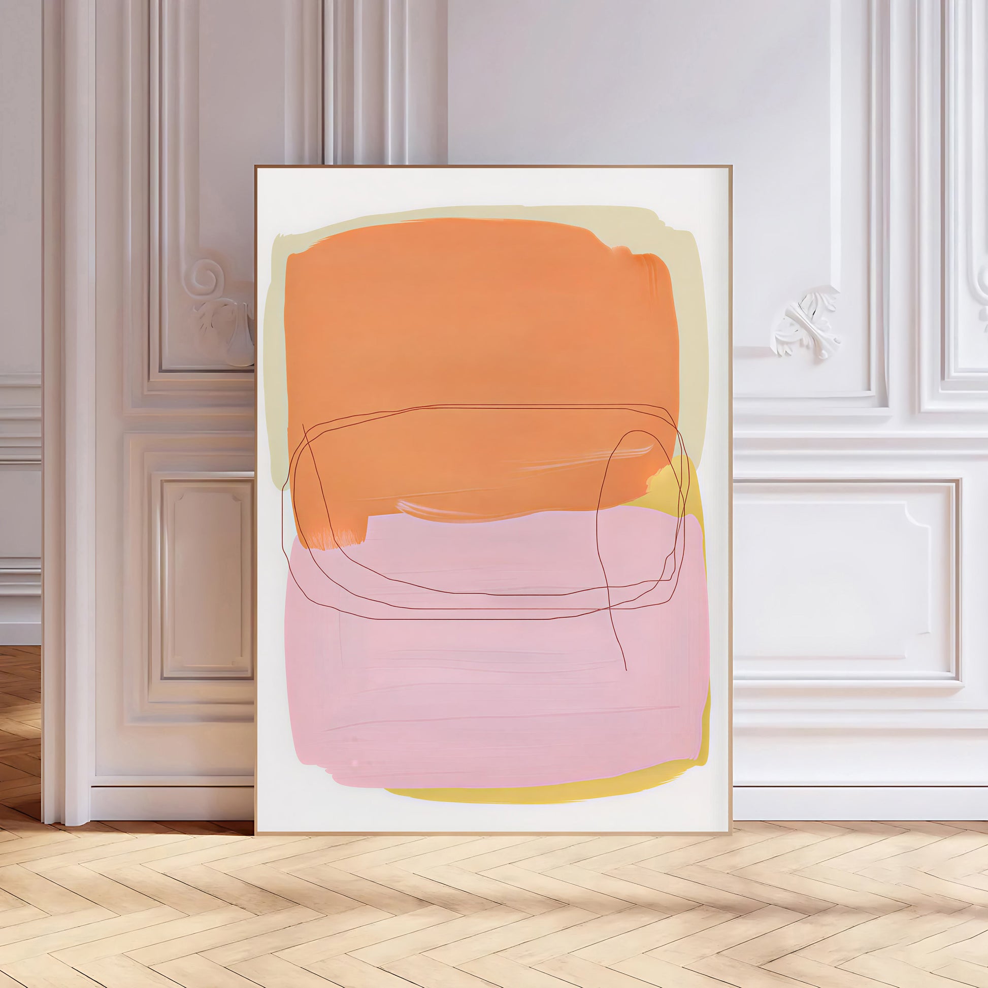 Abstract art print with orange and pink shapes on a white wall.