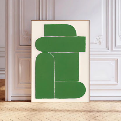 Abstract green art print on a white wall in a room with wooden floor and white walls.