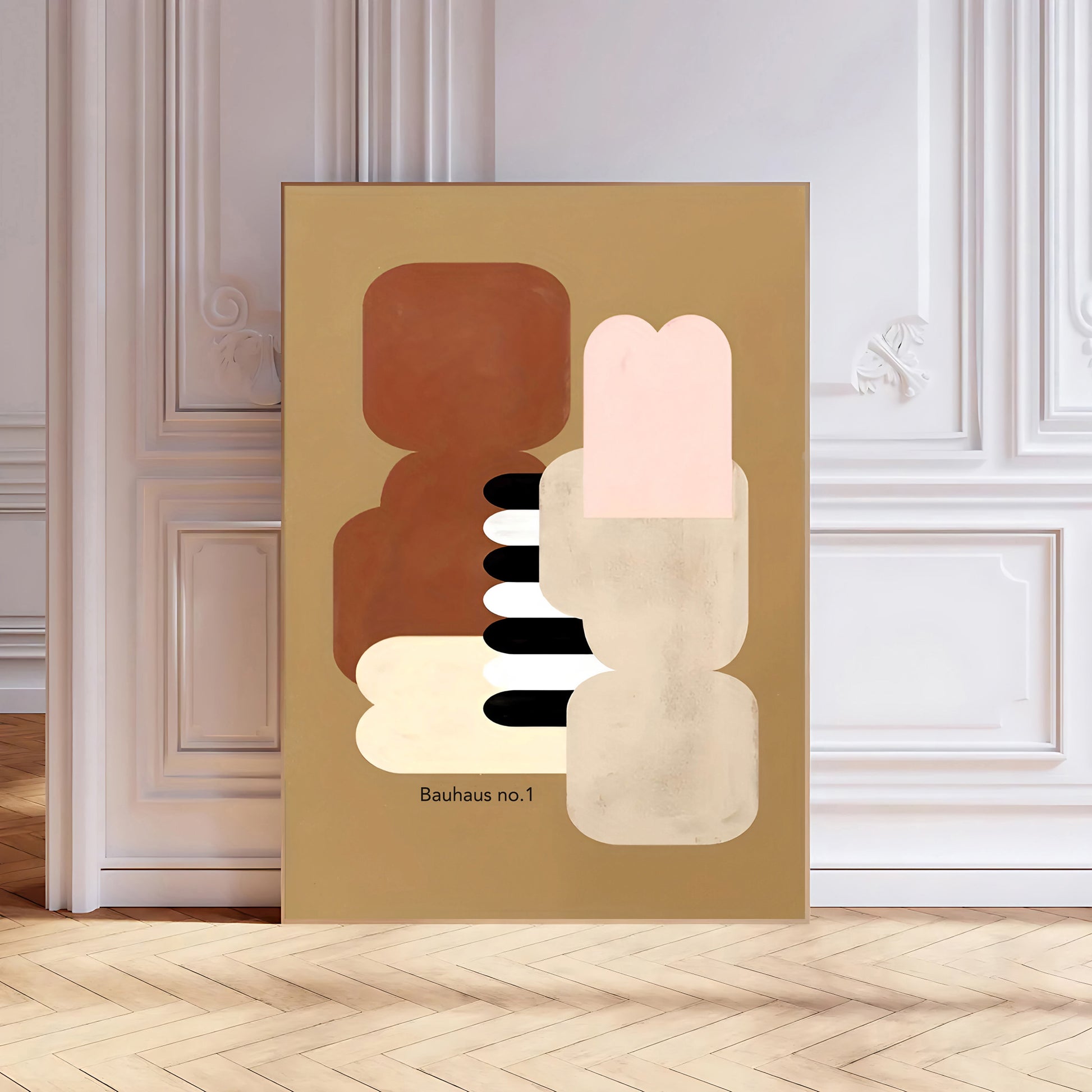 Abstract art print titled 'Bauhaus no.1' on a beige wall.