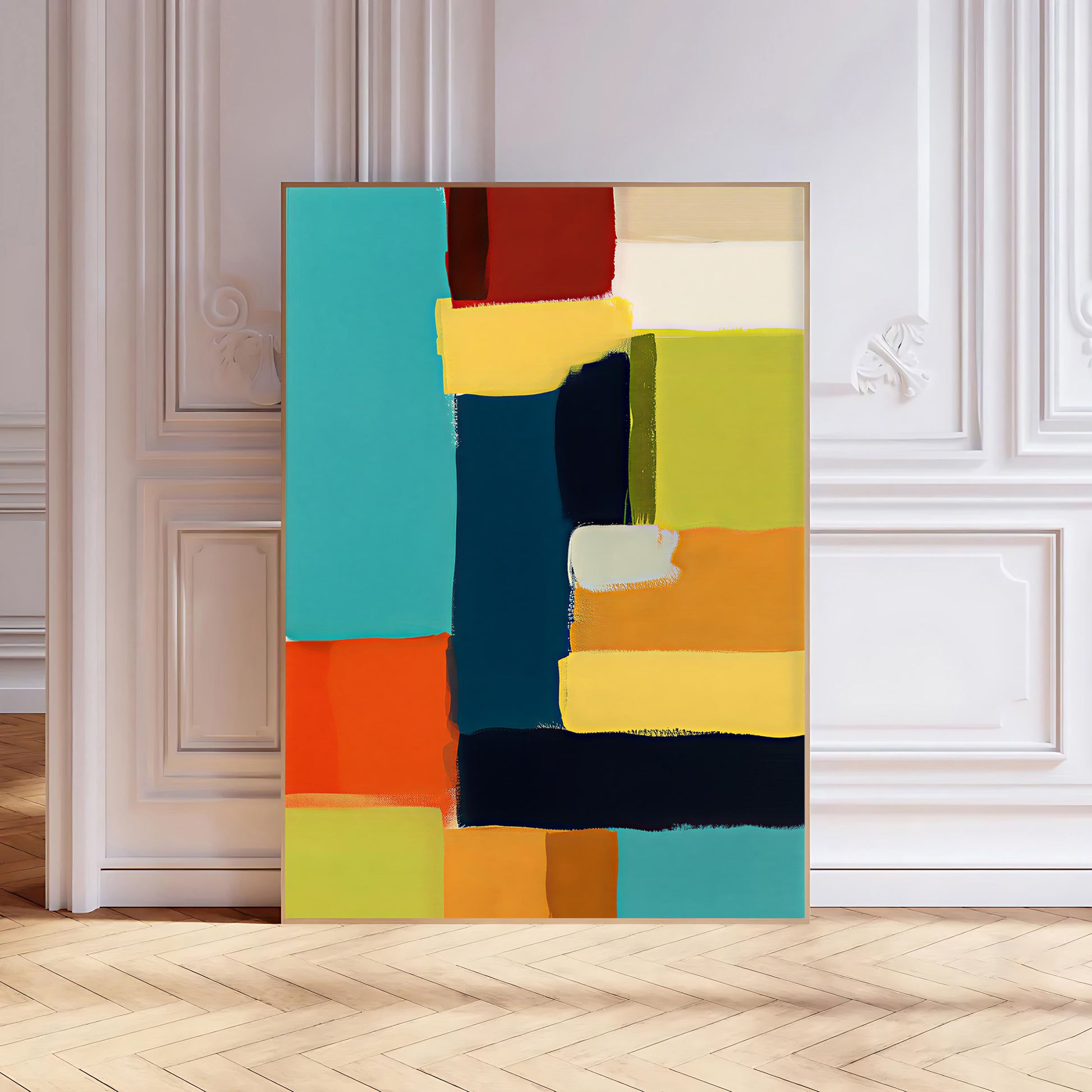 Abstract art piece with colorful blocks on a wall in a room with wooden floor and white walls.