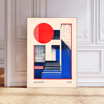 Framed Bauhaus-style abstract art print with geometric shapes on a wall.