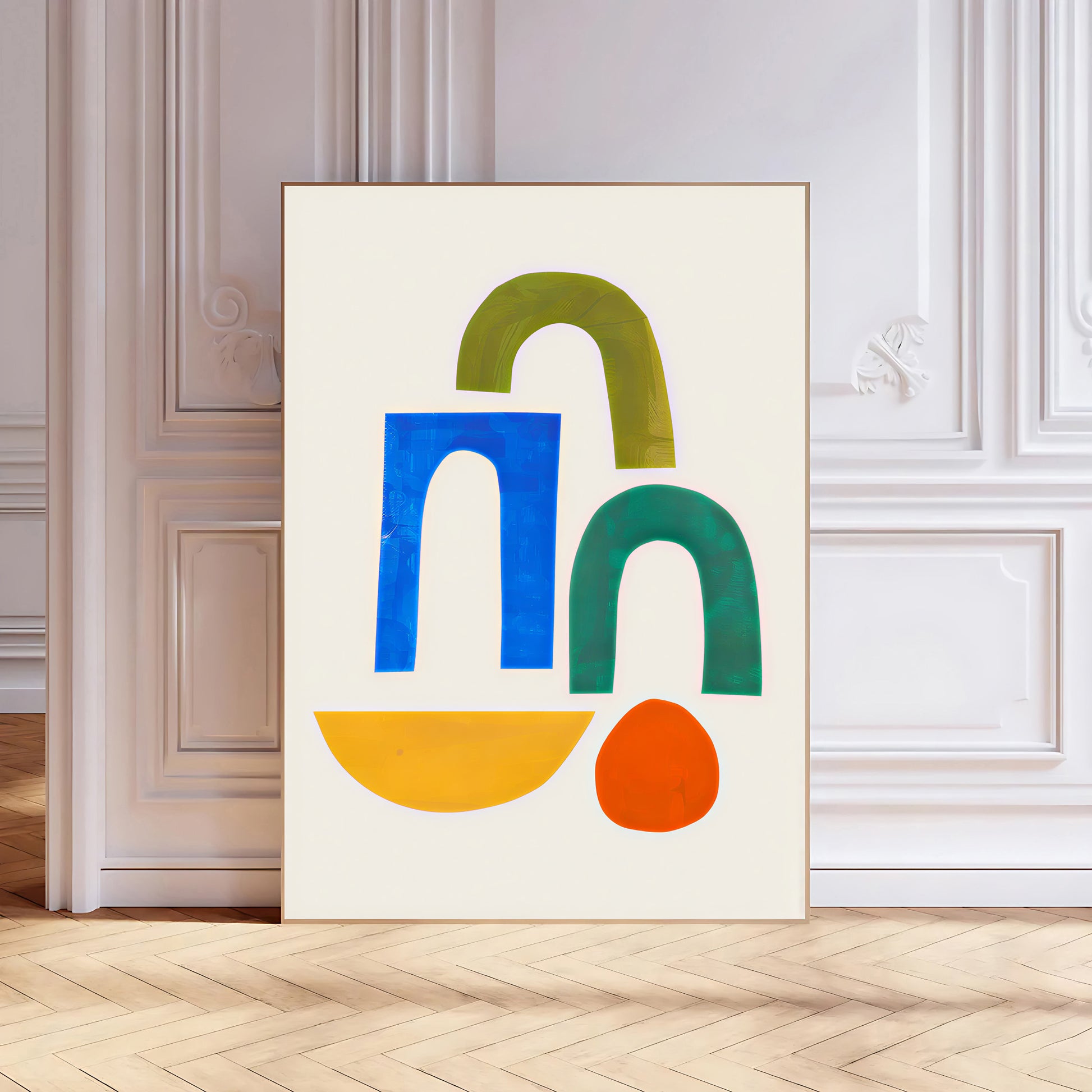 Abstract art print with colorful geometric shapes on a white background, displayed in a room with wooden flooring and white walls.