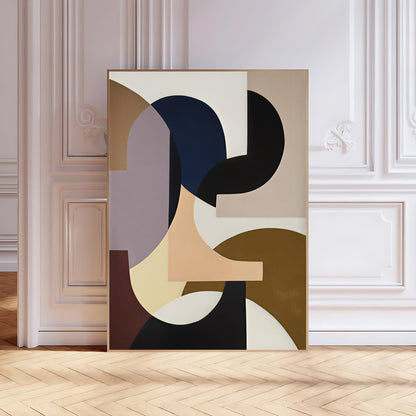 Abstract art print on a wall in a room with wooden flooring