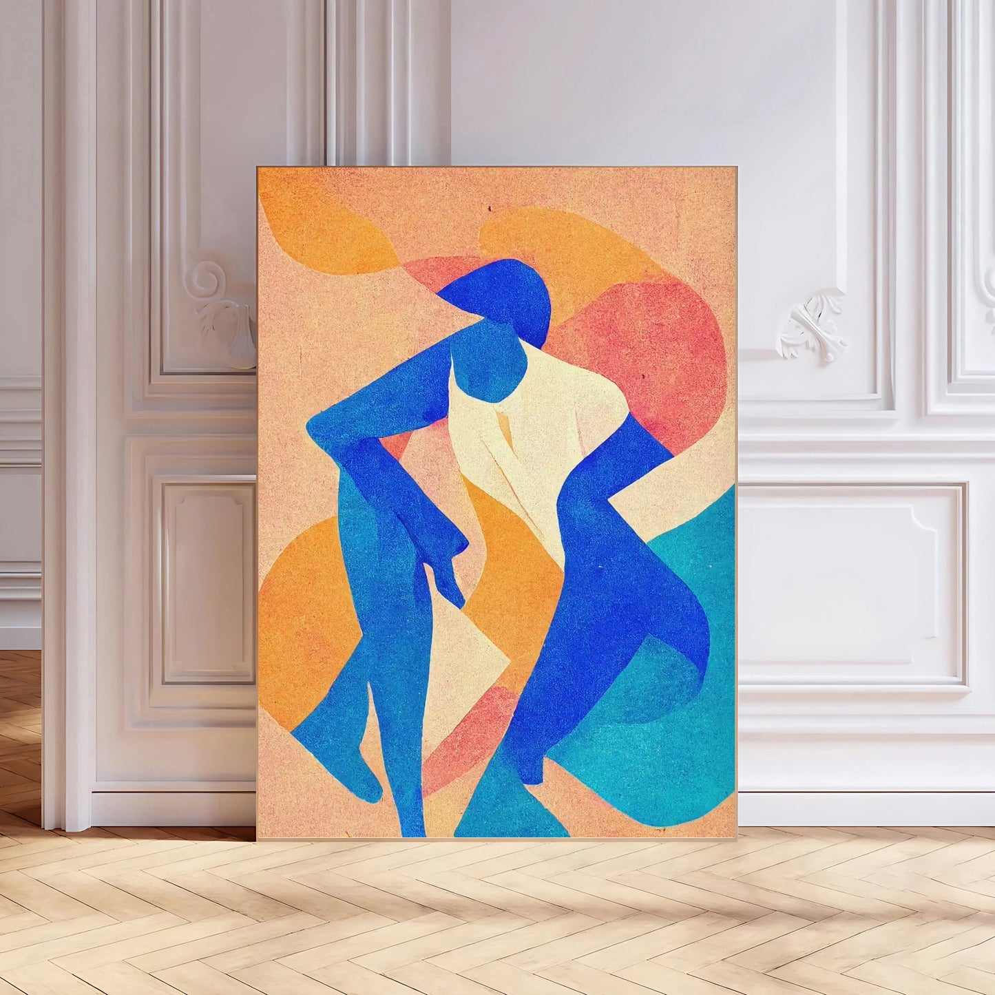 Modern Abstract Figurative Art Print with two figures in a room with wooden floor and white walls