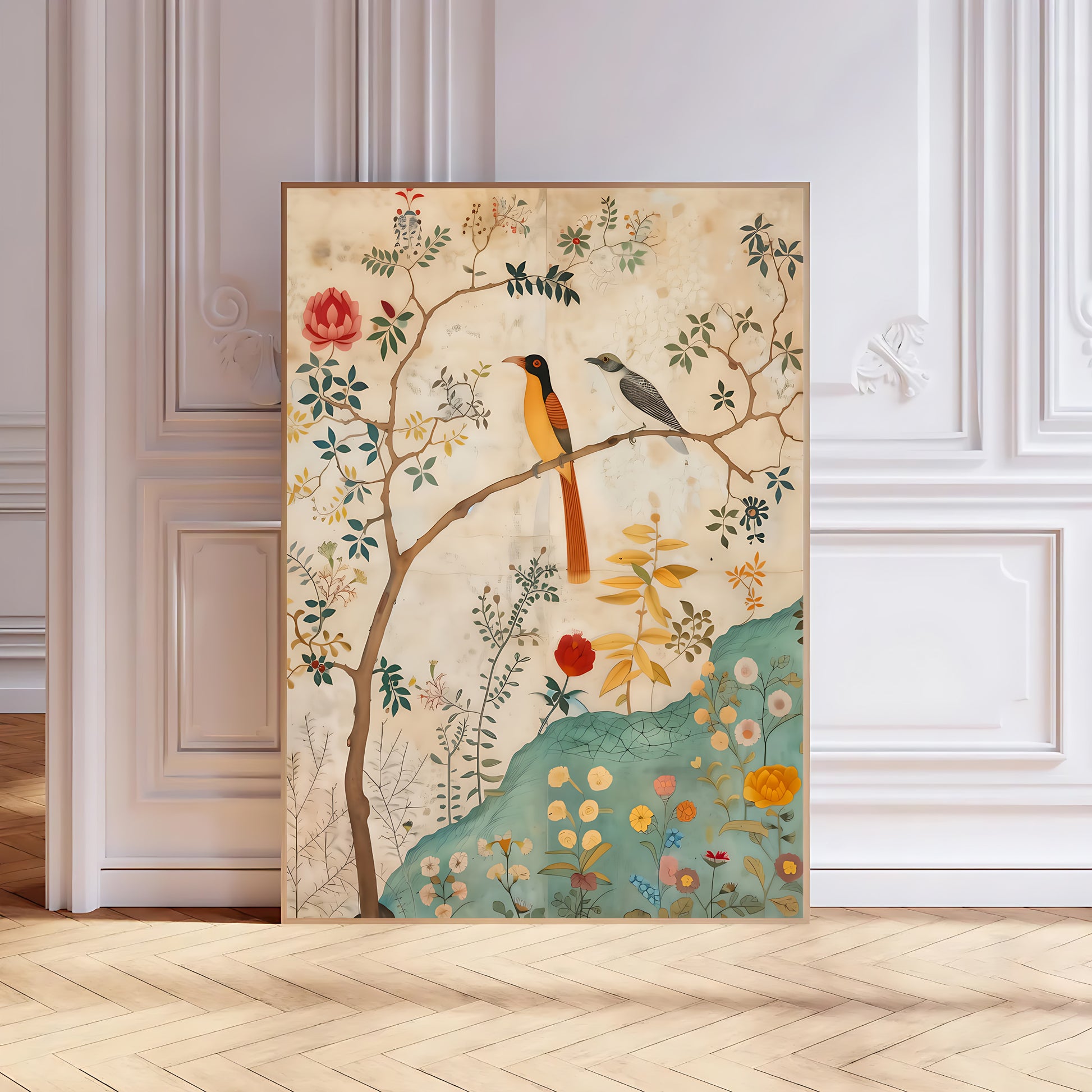 Decorative painting of birds on a branch with flowers and leaves in a room with white walls and wooden floor.