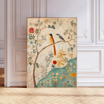 Decorative painting of birds on a branch with flowers and leaves in a room with white walls and wooden floor.