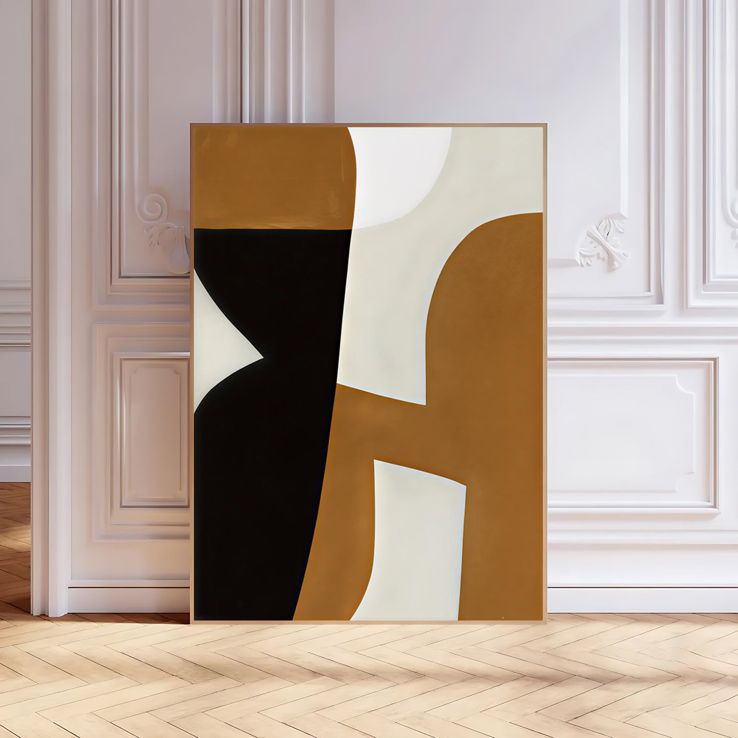 Abstract art piece with geometric shapes in a modern interior setting